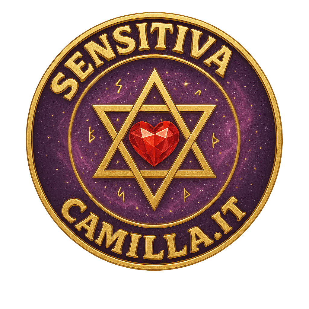 Logo ufficiale SensitivaCamilla.it con stella a sei punte dorata e cuore rosso centrale su sfondo viola cosmico, simbolo di energia, amore e protezione spirituale.