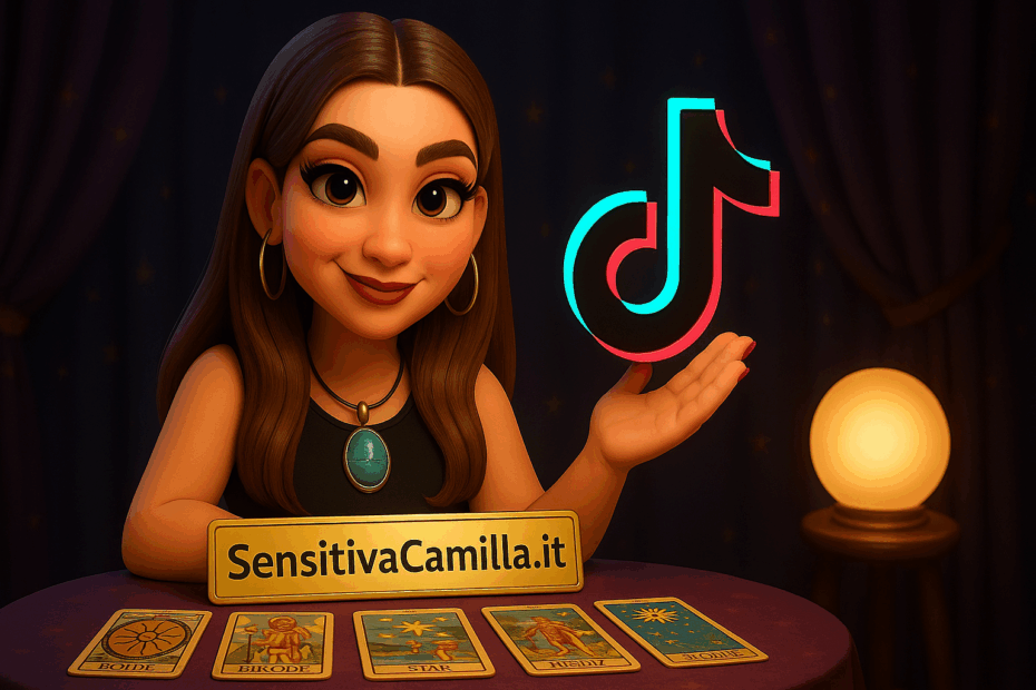 Cartomante 3D Pixar con carte dei tarocchi e logo TikTok che promuove il sito Cartomante 3D Pixar con carte dei tarocchi e logo TikTok che promuove il sito SensitivaCamilla.it