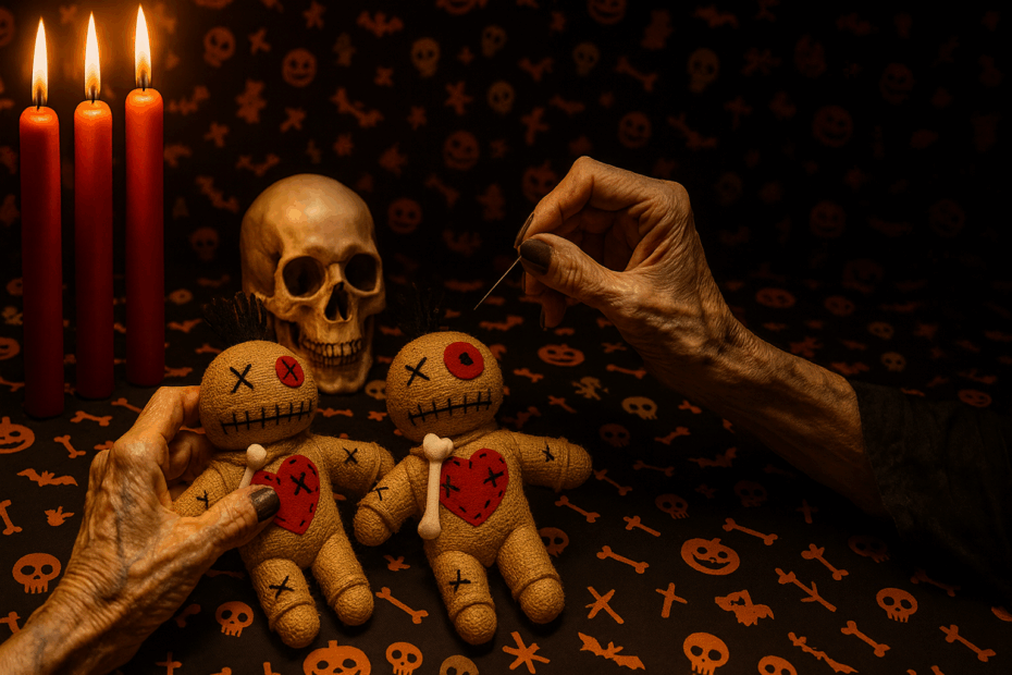 Mani anziane di una strega ritualista che lavora su due bambole voodoo con cuori rossi e ossa bianche, con tre candele rosse accese e un teschio sul tavolo.
