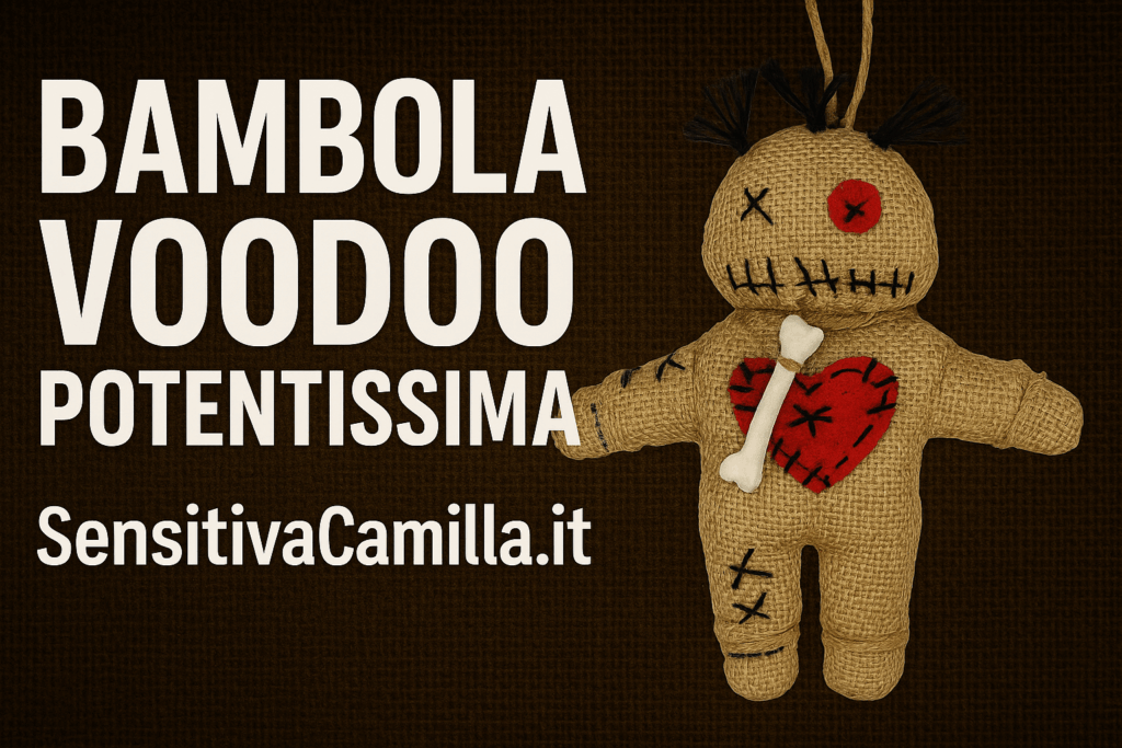 Voodoo doll in juta con cuore rosso e osso bianco su sfondo scuro, con testo promozionale “Bambola Voodoo Potentissima – SensitivaCamilla.it”.