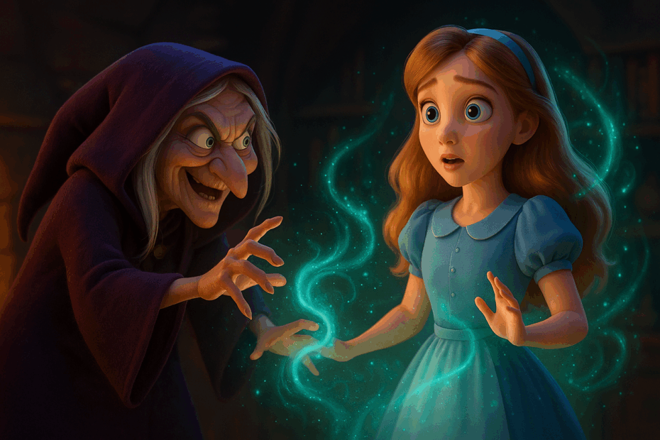Strega magica Pixar-style che lancia un incantesimo su una giovane donna, simbolo del consulto di cartomanzia online della Sensitiva Camilla.