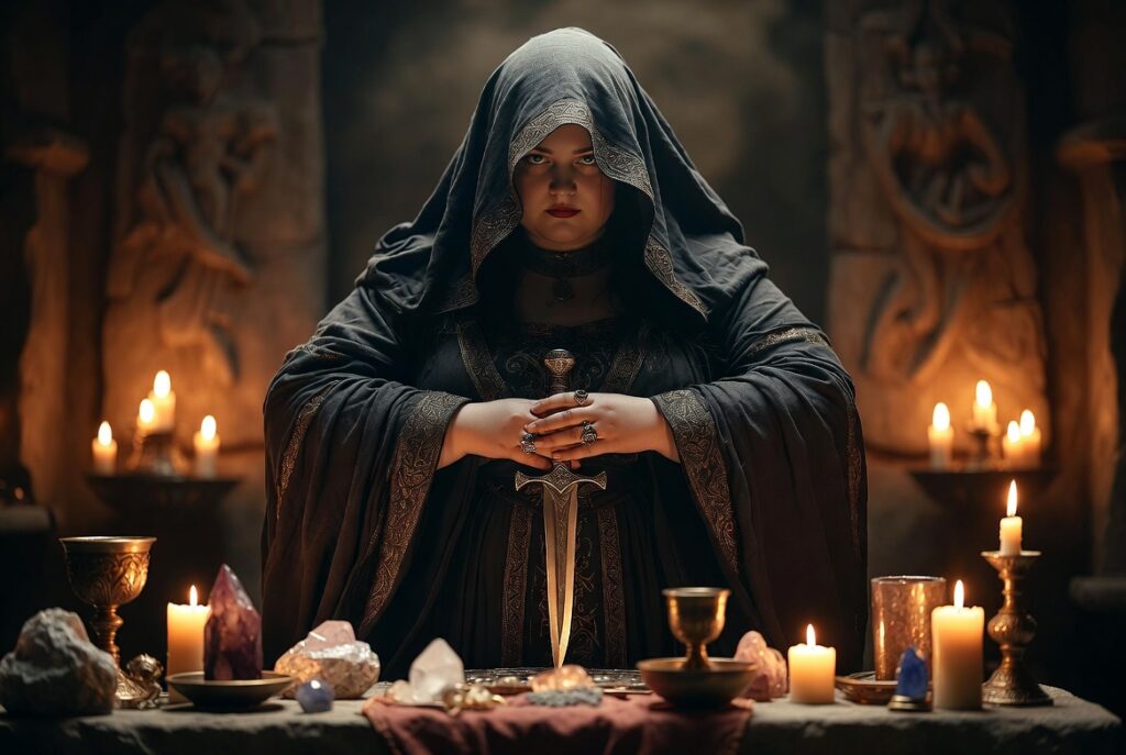 Strega esoterica con cappuccio che conduce un rituale con candele, cristalli e coltello cerimoniale in un tempio antico.