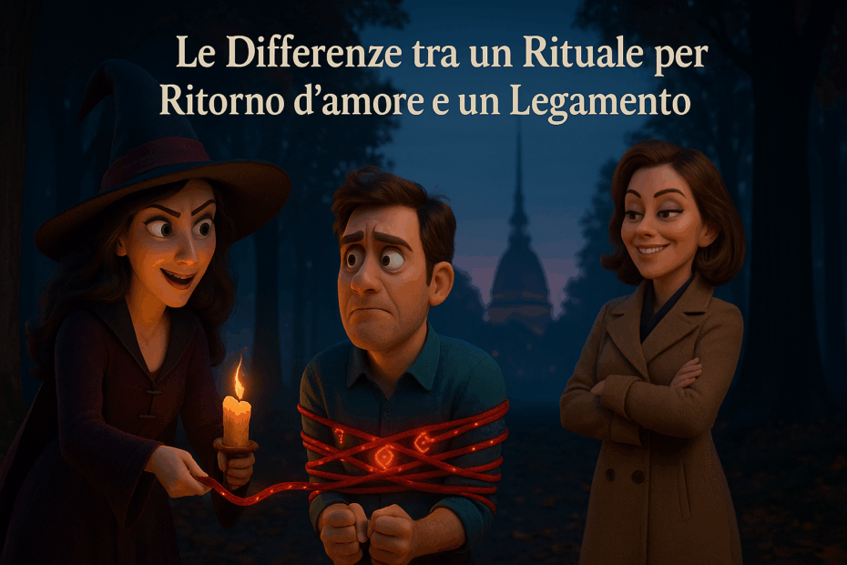 Strega lega con nastri magici un uomo nel bosco di Torino, moglie sorridente, Mole Antonelliana sullo sfondo.