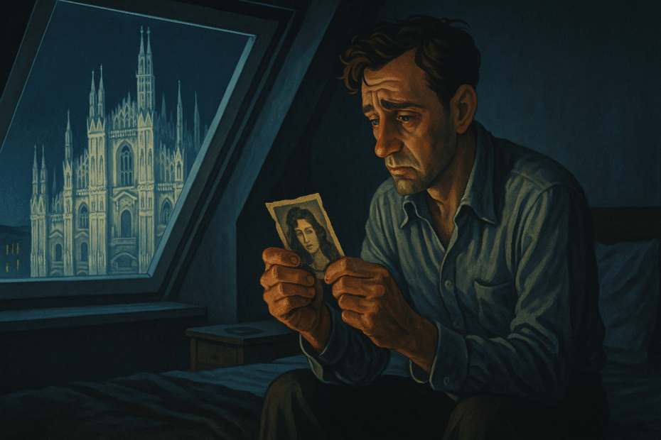 Uomo triste in mansarda con vista sul Duomo di Milano che osserva una foto della donna amata in stile cartone anni ’50.