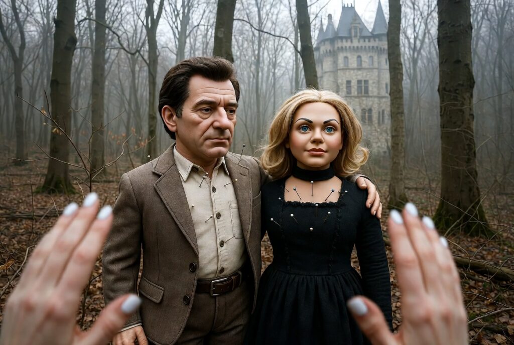 Rituale voodoo di separazione marito e moglie rumeni nel bosco della Transilvania, con le mani della sensitiva Camilla che attiva le bambole umanizzate davanti al castello di Dracula.”