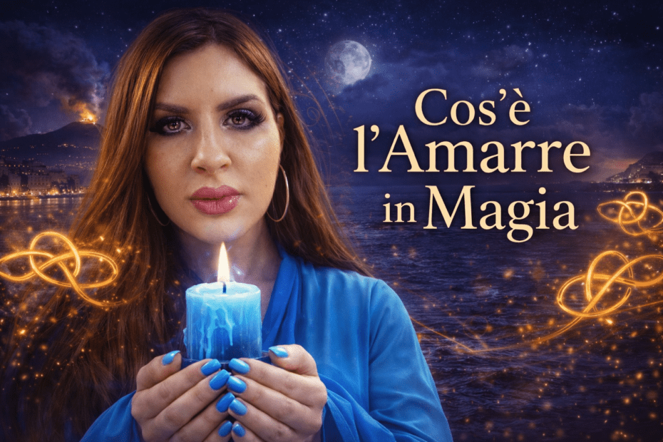 Maga Sensitiva Camilla a Napoli con tunica azzurra e candela blu, Vesuvio e mare sullo sfondo, amarre in magia