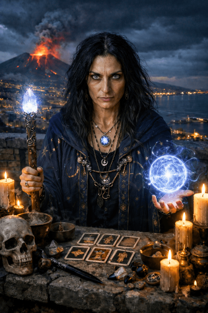 Sensitiva Camilla a Napoli mostra due bambole voodoo personalizzate raffiguranti una coppia rumena, moglie e marito, durante un rituale esoterico sul terrazzo con vista sul Vesuvio. La maga napoletana, donna robusta e carismatica con unghie nere visibili, occhi intensi e simboli magici, opera tra candele, tarocchi e oggetti rituali. Scena notturna realistica e suggestiva che rappresenta i rituali di magia, legamenti d’amore e pratiche esoteriche offerte da SensitivaCamilla.it a Napoli.