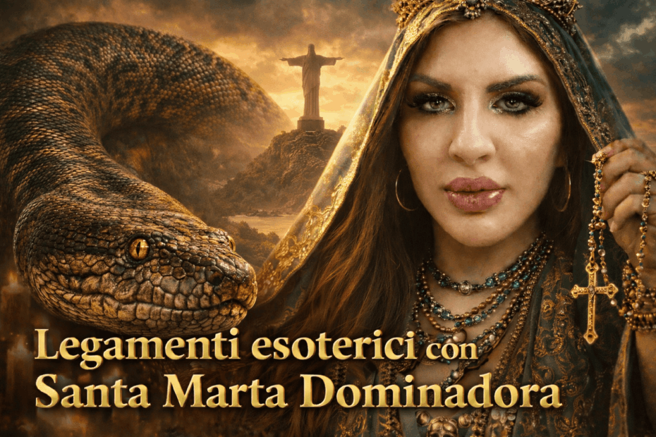 Santa Marta Dominadora con rosario in mano accanto a un’enorme anaconda dorata, copertina esoterica per legamenti d’amore