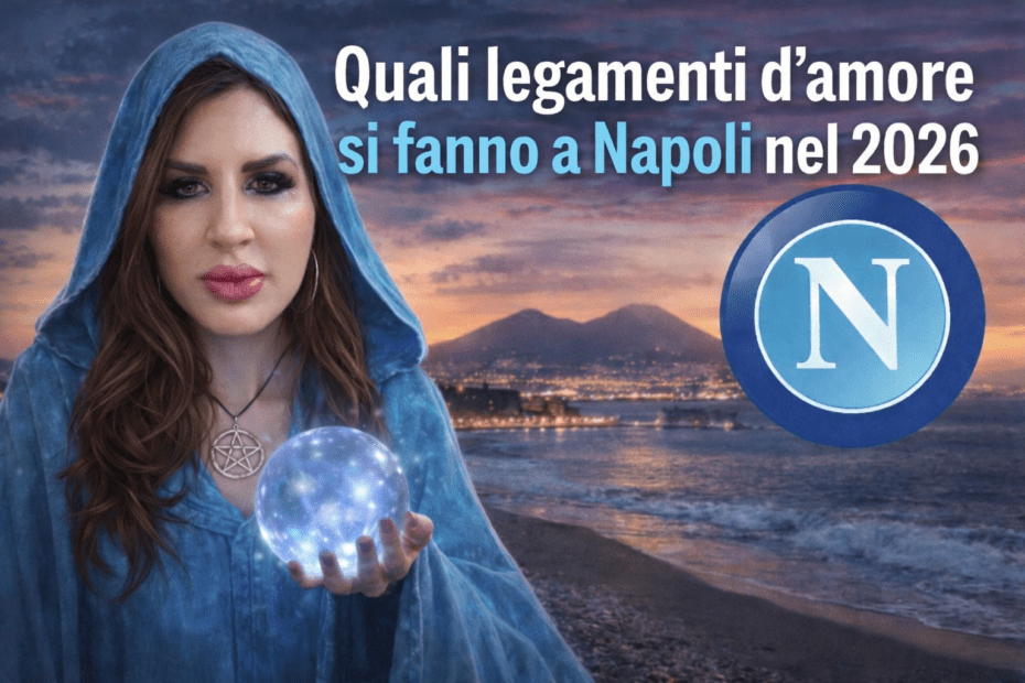 Sensitiva con sfera di cristallo sulla spiaggia di Napoli al tramonto, Vesuvio sullo sfondo, tema legamenti d’amore a Napoli nel 2026