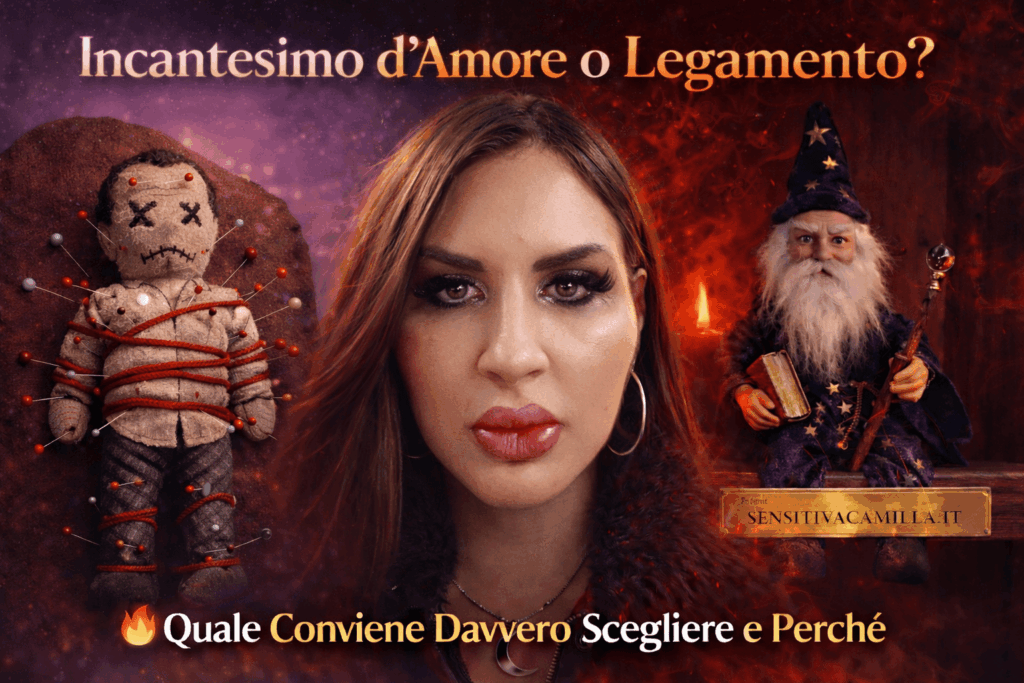 Sensitiva Camilla al centro di una scena mistica divisa tra energia rosa degli incantesimi d’amore e energia rossa dei legamenti d’amore, con bambola voodoo a sinistra e bambola mago Merlino su mensola a destra con targa SENSITIVACAMILLA.IT.