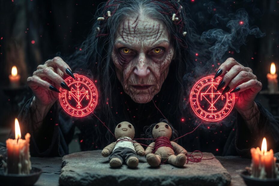 Strega anziana durante un rituale voodoo con bambole e sigilli magici rossi, simboli esoterici e candele accese, rappresentazione del Sigillo d’Amore.