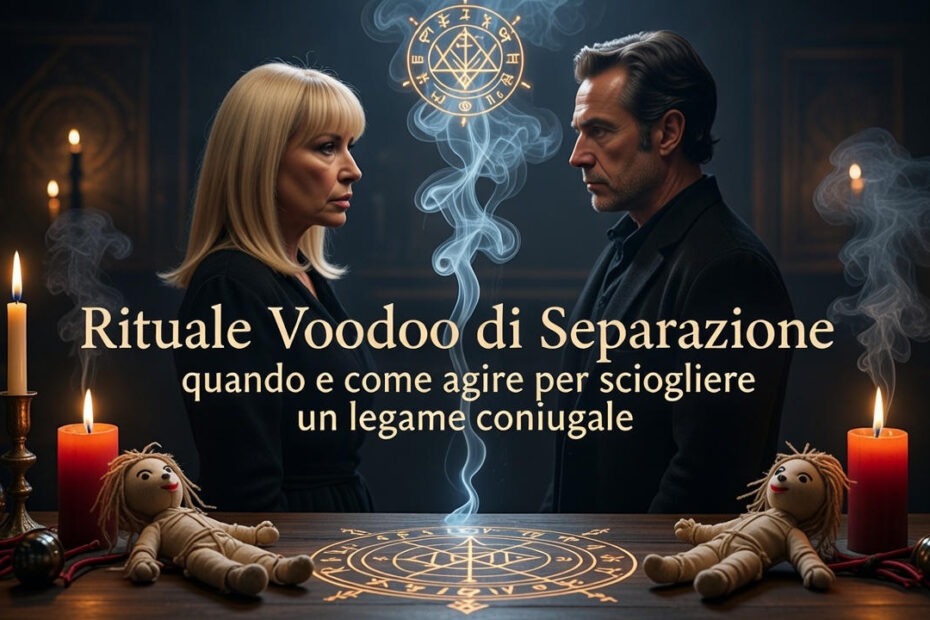 Rituale voodoo di separazione tra marito e moglie con bamboline rituali, candele e simboli esoterici per sciogliere un legame coniugale
