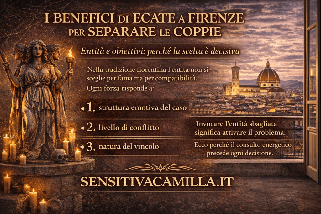Immagine informativa sui rituali con Ecate a Firenze per la separazione delle coppie. La grafica illustra come ogni entità risponda a una specifica struttura emotiva e perché invocare la forza sbagliata può amplificare il problema. Il consulto energetico è il primo passo per una scelta corretta e consapevole.