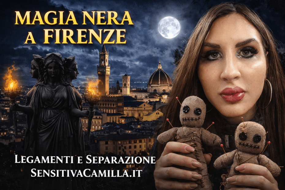 Sensitiva Camilla con bambole voodoo davanti a Firenze di notte, statua di Ecate e luna piena, magia nera per legamenti d’amore e separazione di coppia.