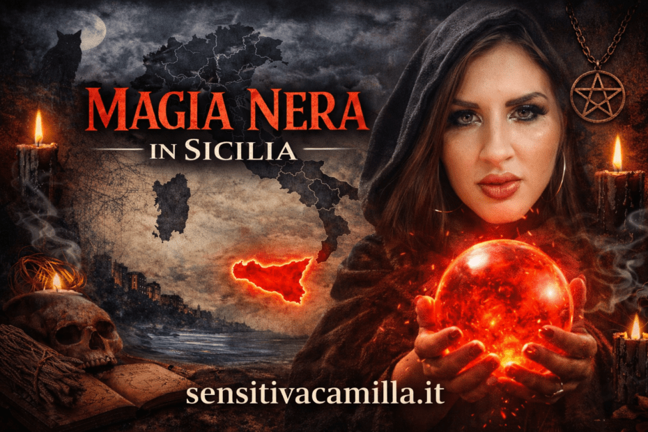 Magia nera in Sicilia con mappa dell’Italia e Sicilia evidenziata, Sensitiva Camilla raffigurata come maga per consulto esoterico sull’amore