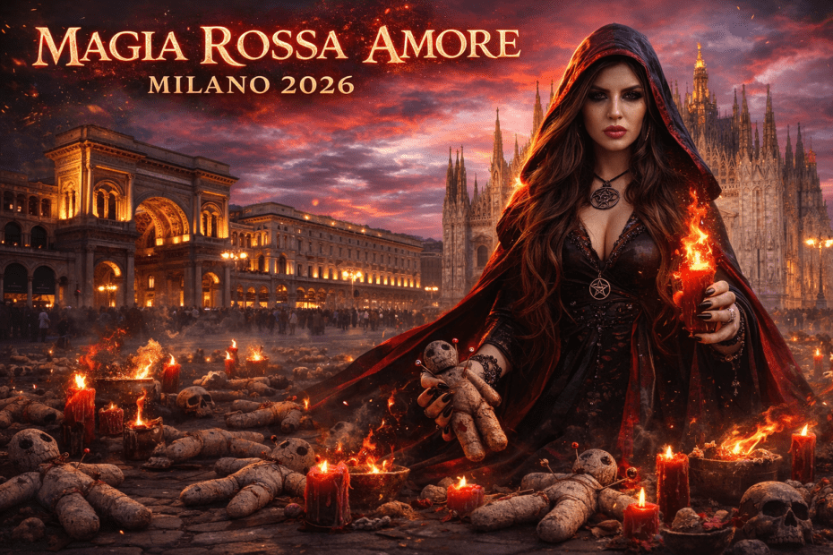 Magia rossa amore a Milano 2026, maga gigante in tunica rosso-nera in Piazza Duomo con bambole voodoo e rituale d’amore