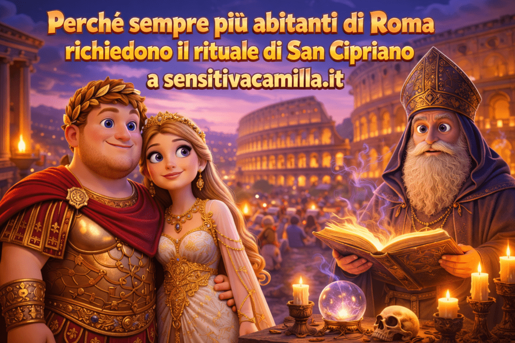 Illustrazione 3D stile Pixar con Nerone e la moglie nell’antica Roma e figura misteriosa di San Cipriano che esegue un rituale esoterico, tema legamenti d’amore e magia a Roma.