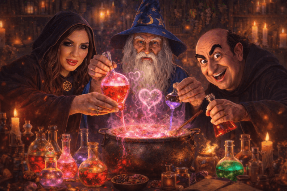 una maga in tunica scura, il mago merlino e gargamella mescolano pozioni d’amore luminose in un grande calderone su un tavolo alchemico, circondati da ampolle magiche e candele in una stanza esoterica