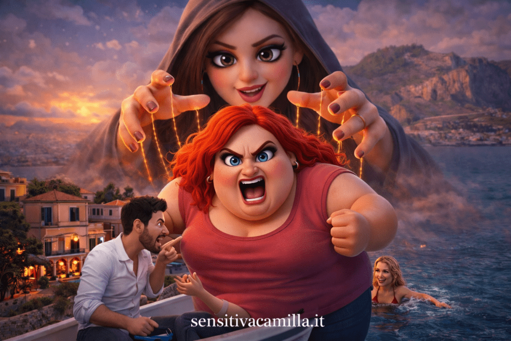 Illustrazione 3D in stile Pixar ambientata sul mare di Palermo, simbolo delle antiche tradizioni esoteriche siciliane. Al centro della scena appare una cartomante gigante, figura dominante e simbolica, che controlla fili energetici invisibili sopra una coppia di marito e moglie in forte conflitto su una barca.
Accanto alla scena emerge una donna furiosa, dalla corporatura massiccia, capelli rossi e occhi azzurri, rappresentazione emotiva della rabbia, della gelosia e delle tensioni sentimentali irrisolte. In mare, una terza figura femminile accentua il tema del triangolo amoroso e della separazione energetica.
L’atmosfera è intensa ma stilizzata, con luci calde e colori profondi tipici dell’animazione Pixar, utilizzata per raccontare visivamente il concetto di legami, manipolazioni emotive e decisioni da valutare con attenzione.
L’immagine comunica un messaggio chiaro: prima di qualsiasi pratica esoterica è fondamentale un’analisi consapevole, che inizia sempre con un consulto preliminare su sensitivacamilla.it, punto di riferimento per chi cerca risposte sull’amore, sui conflitti di coppia e sulle tradizioni della magia nera in Sicilia.