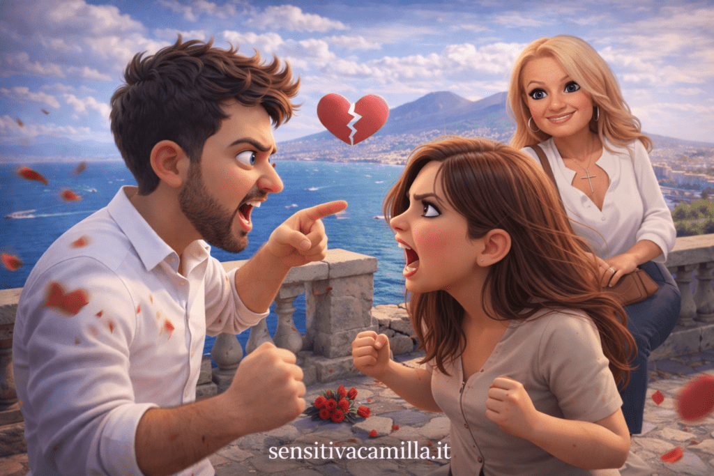 Illustrazione 3D in stile Pixar ambientata su una terrazza panoramica affacciata sul Golfo di Napoli, con il Vesuvio ben visibile sullo sfondo. Al centro della scena una coppia di fidanzati è coinvolta in un acceso confronto emotivo, simbolo di una relazione giunta al limite tra rabbia, incomprensioni e dolore sentimentale.
I gesti tesi, le espressioni forti e i simboli visivi dell’amore spezzato rappresentano una crisi di coppia profonda, tipica delle situazioni in cui le emozioni prendono il sopravvento. Poco distante, seduta sul muretto, appare Sensitiva Camilla, figura calma e osservatrice, che incarna la guida spirituale capace di leggere le dinamiche energetiche e sentimentali.
L’immagine comunica visivamente il messaggio centrale: prima di qualsiasi scelta emotiva o rituale è necessario comprendere la situazione reale, attraverso un’analisi attenta e consapevole.
Il primo passo è sempre il consulto su sensitivacamilla.it, punto di riferimento per chi affronta separazioni, conflitti amorosi e decisioni difficili legate ai sentimenti.