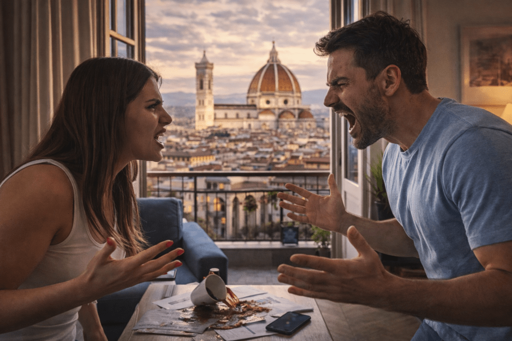 Una coppia sposata discute animatamente all’interno della loro abitazione, mentre il Duomo di Firenze domina lo sfondo. L’immagine rappresenta tensioni emotive, incomprensioni e rotture sentimentali, perfetta per articoli su separazioni di coppia, magia nera e rituali energetici a Firenze.