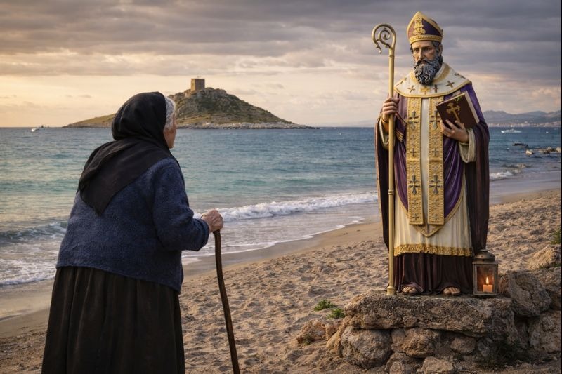 Donna siciliana sulla spiaggia di Isola delle Femmine a Palermo incontra la statua di San Cipriano al tramonto.
