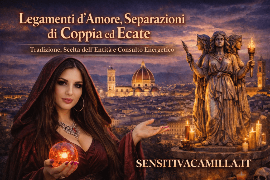 Immagine simbolica dei legamenti d’amore e delle separazioni di coppia ispirate a Ecate. La maga, vestita con tunica bordeaux e granata, tiene una sfera di cristallo come simbolo di visione e potere energetico. Servizi esoterici, consulenze spirituali e rituali personalizzati su SensitivaCamilla.it.