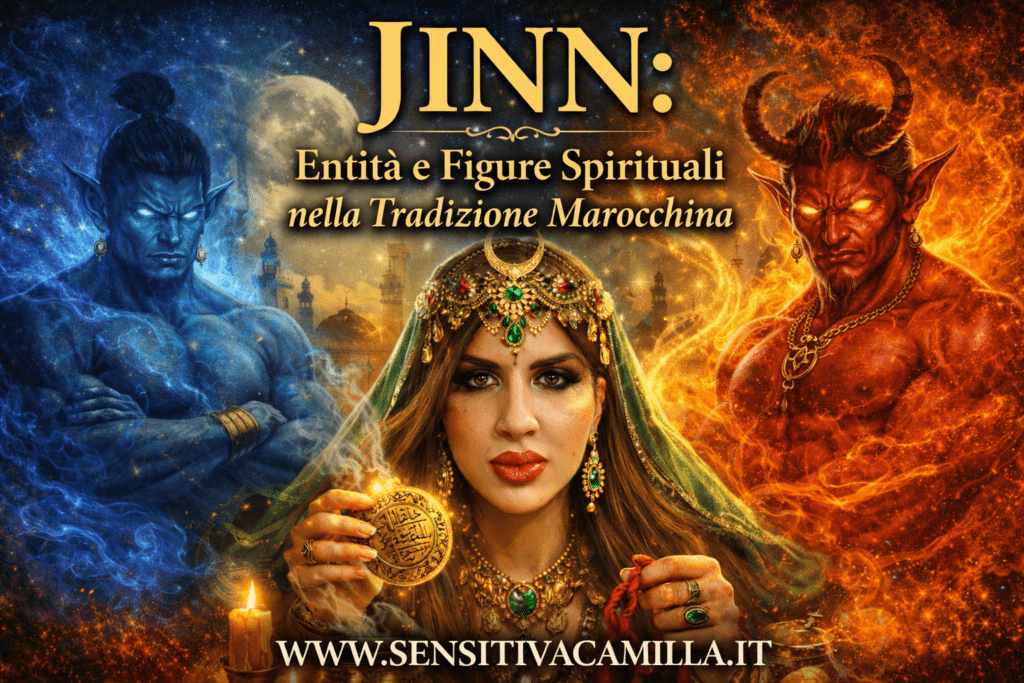 Una maga marocchina con copricapo dorato e gioielli, affiancata da due jinn spirituali, uno avvolto in fumo blu e lâaltro in fiamme rosse, sullo sfondo di una notte mistica marocchina.
