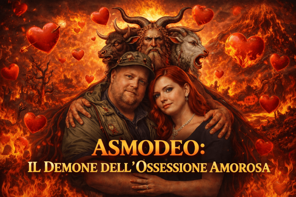 Asmodeo demone dell’ossessione amorosa raffigurato con coppia innamorata e sfondo infernale con cuori infuocati