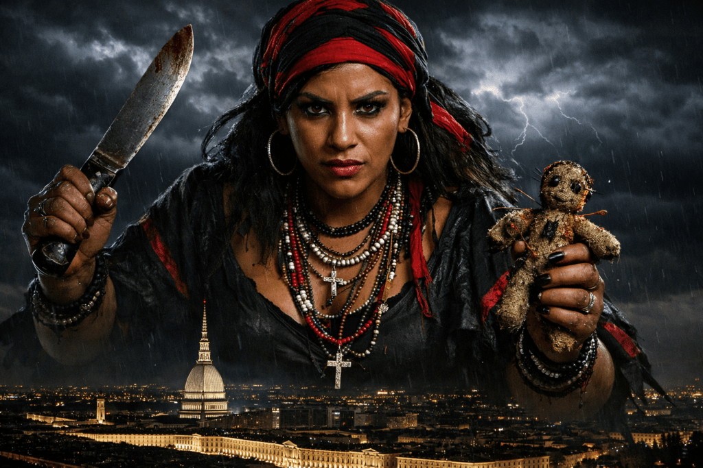 Erzulie Dantor rappresentata come donna reale che domina il cielo notturno di Torino con machete rituale e bambola voodoo, Mole Antonelliana visibile sotto una tempesta