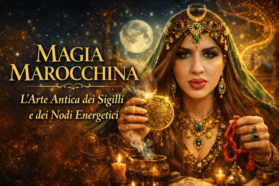 Divinità marocchina mistica con volto intenso, copricapo dorato e gioielli verdi, tiene un sigillo magico e un nodo energetico rosso sotto la luna piena, in un’ambientazione esoterica ispirata alla magia marocchina antica.