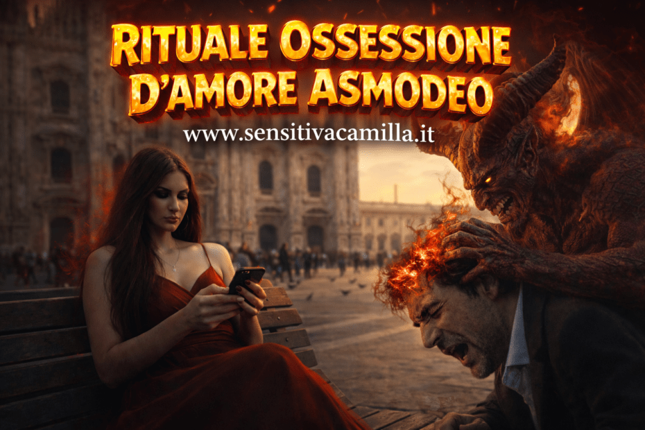 Rituale Ossessione d’Amore Asmodeo con donna in abito rosso che usa lo smartphone e uomo tormentato da demone infuocato in scena oscura cinematografica