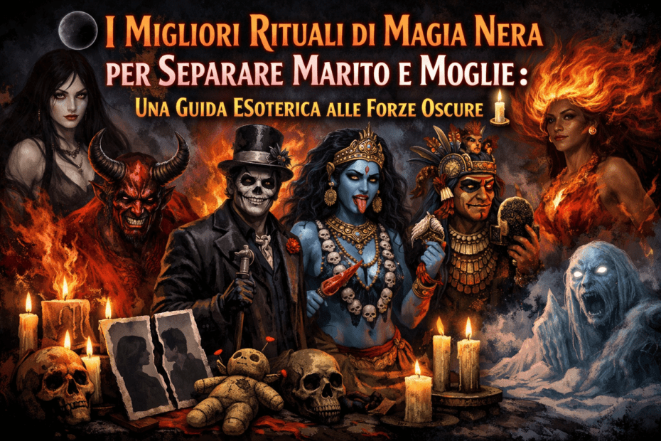 Composizione esoterica realistica in formato verticale 9:16 con figure oscure ispirate a Lilith, Satana, Baron Samedi, Kali, Tezcatlipoca, Pele e Ijiraq, disposte in posa rituale tra candele, teschi, una foto spezzata di coppia e una bambola voodoo, in un’atmosfera drammatica di fuoco e ghiaccio.