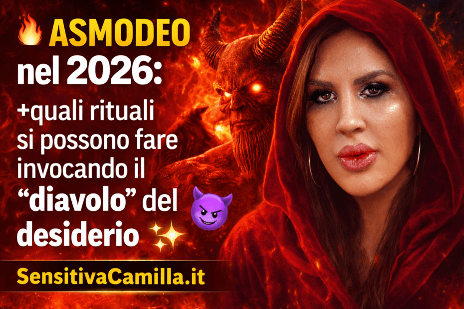 Thumbnail YouTube con Sensitiva Camilla in tunica granata davanti a uno sfondo infuocato, con Asmodeo demone rosso con occhi luminosi e corna visibili dietro di lei. Testo grande: “🔥 ASMODEO nel 2026: quali rituali si possono fare invocando il diavolo del desiderio” e logo SensitivaCamilla.it in basso.
