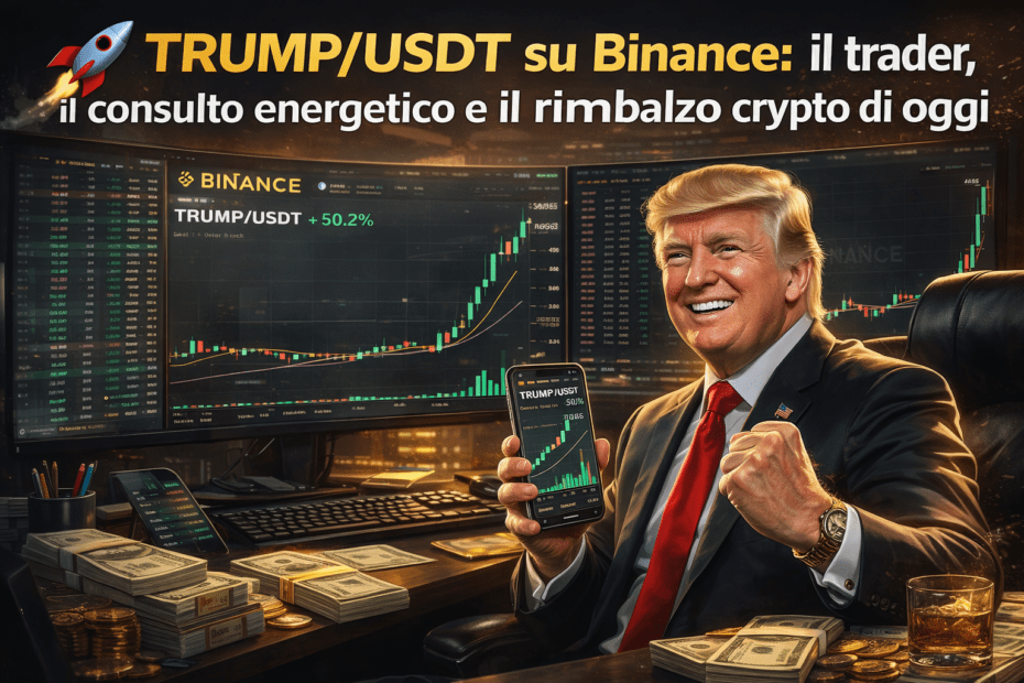 Donald Trump rappresentato come trader crypto davanti a monitor di trading mentre osserva il grafico TRUMP/USDT su Binance con un rimbalzo del 50%, con smartphone che mostra il grafico della criptovaluta in forte salita.