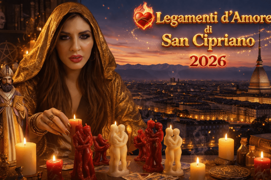 Maga con tunica dorata in studio esoterico con candele accese, statue di San Cipriano e bambole di cera per legamenti d’amore, sullo sfondo vista di Torino con Mole Antonelliana e titolo Legamenti d’Amore di San Cipriano 2026