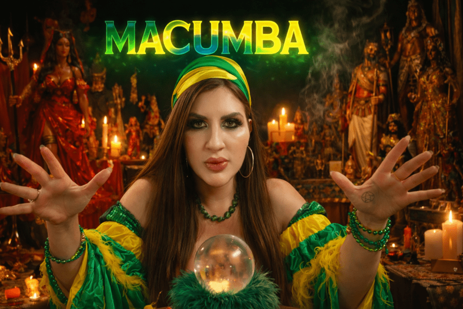 Maga brasiliana vestita con colori giallo e verde nello studio esoterico di Rio de Janeiro circondata da statue di Pombagira e divinità afro-brasiliane mentre pratica un rituale di macumba.