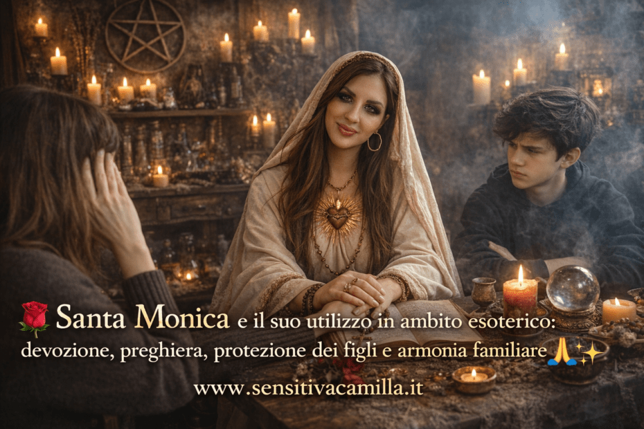 Donna vestita come Santa Monica in uno studio esoterico mentre ascolta una madre e un figlio adolescente, immagine simbolica di devozione, preghiera, protezione dei figli e armonia familiare.
