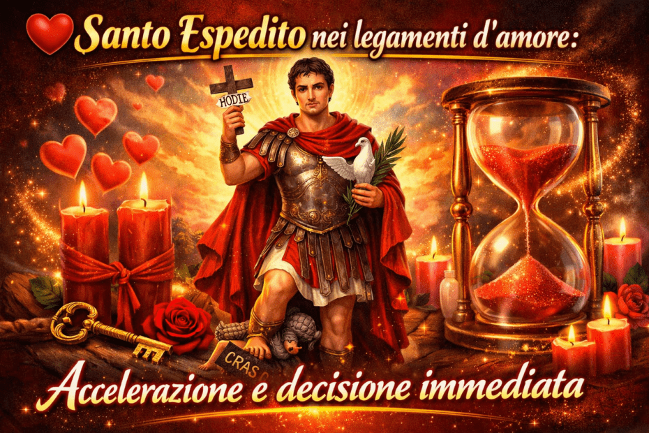 Santo Espedito nei legamenti d’amore con clessidra, candele rosse e simboli di accelerazione sentimentale
