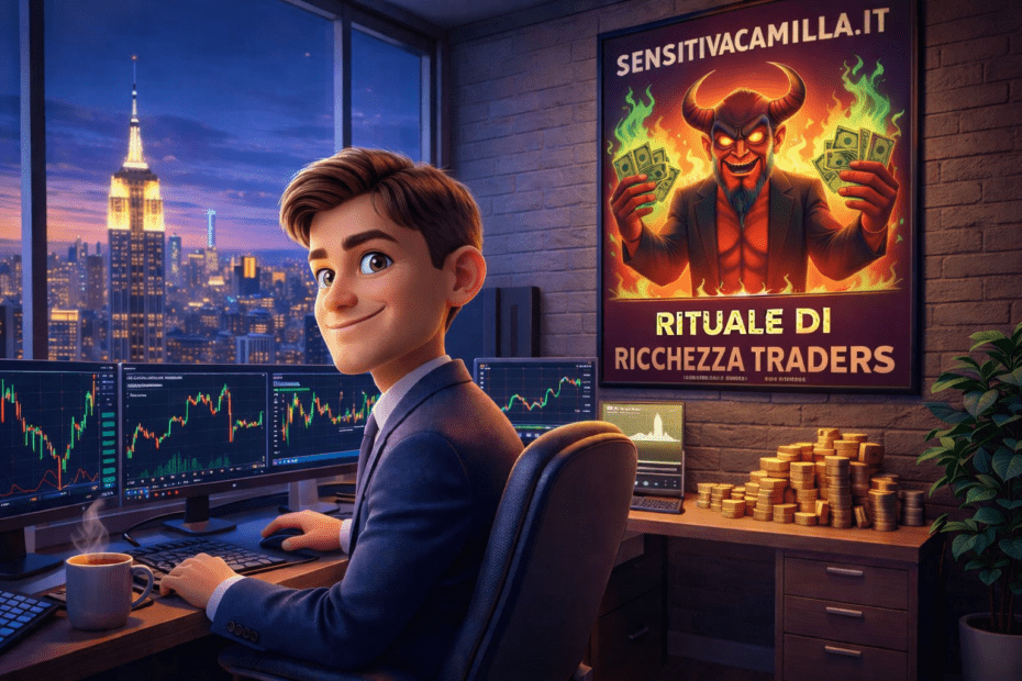 Trader nella sua trading room con monitor finanziari davanti allo skyline di New York e poster esoterico "Rituale di Ricchezza Traders" con il demone Mamon di SensitivaCamilla.it.