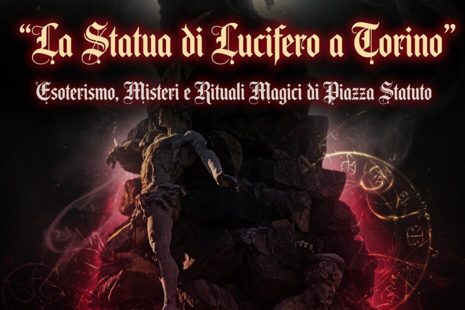 Statua di Lucifero a Torino in atmosfera oscura, circondata da occultisti, candele, simboli esoterici e testo sulle leggende di magia nera.