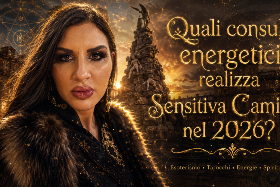 Sensitiva Camilla in elegante abito nero con dettagli dorati davanti a un monumento esoterico di Torino al tramonto, circondata da simboli magici luminosi e atmosfera mistica. Cover cinematografica per articolo sui consulti energetici 2026.