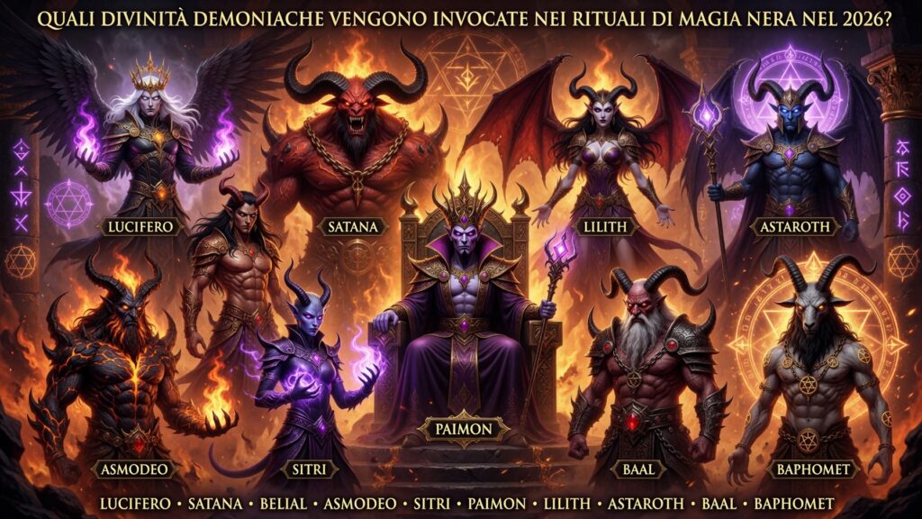 Illustrazione 3D cartoon fantasy delle 10 principali entità demoniache associate alla magia nera: Lucifero, Satana, Belial, Asmodeo, Sitri, Paimon, Lilith, Astaroth, Baal e Baphomet, raffigurate in un tempio infernale con fiamme, simboli occulti e rune luminose.