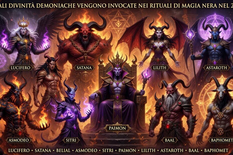 Illustrazione 3D cartoon fantasy delle 10 principali entità demoniache associate alla magia nera: Lucifero, Satana, Belial, Asmodeo, Sitri, Paimon, Lilith, Astaroth, Baal e Baphomet, raffigurate in un tempio infernale con fiamme, simboli occulti e rune luminose.