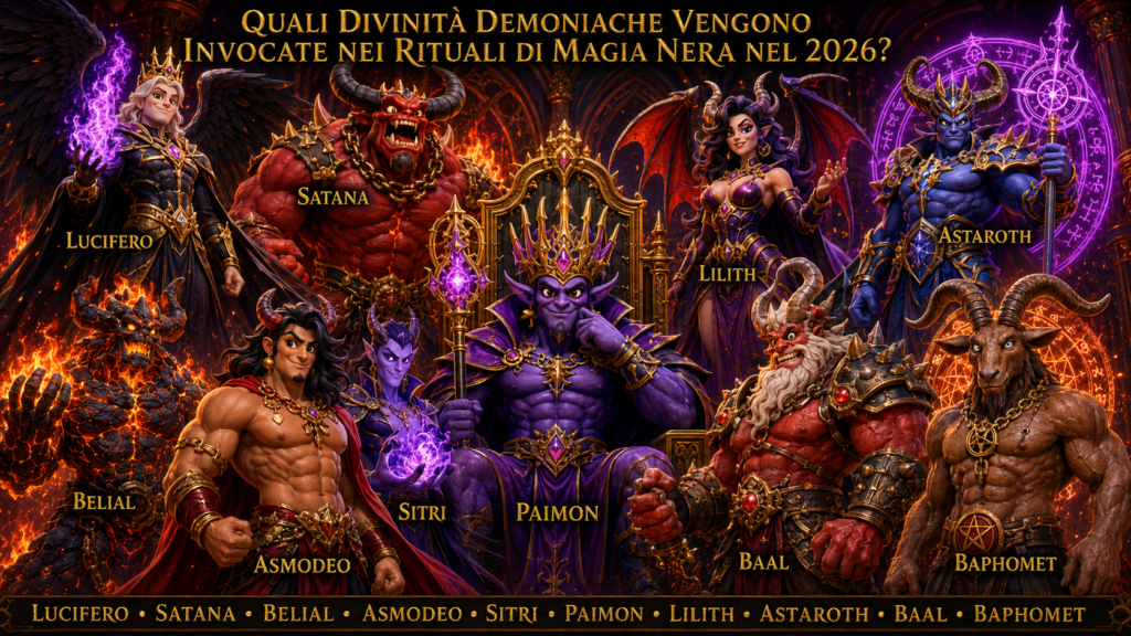 Illustrazione 3D cartoon fantasy delle 10 principali entità demoniache associate alla magia nera: Lucifero, Satana, Belial, Asmodeo, Sitri, Paimon, Lilith, Astaroth, Baal e Baphomet, raffigurate in un tempio infernale con fiamme, simboli occulti e rune luminose.