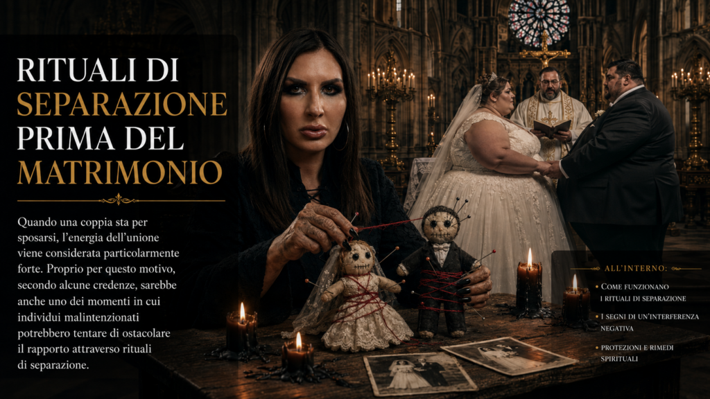 **Testo alt:**
Infografica sui rituali di separazione prima del matrimonio: una maga tiene due bambole voodoo raffiguranti gli sposi, trafitte da spilli, mentre sullo sfondo una coppia di sposi molto corpulenta celebra le nozze in una famosa chiesa di Parigi.