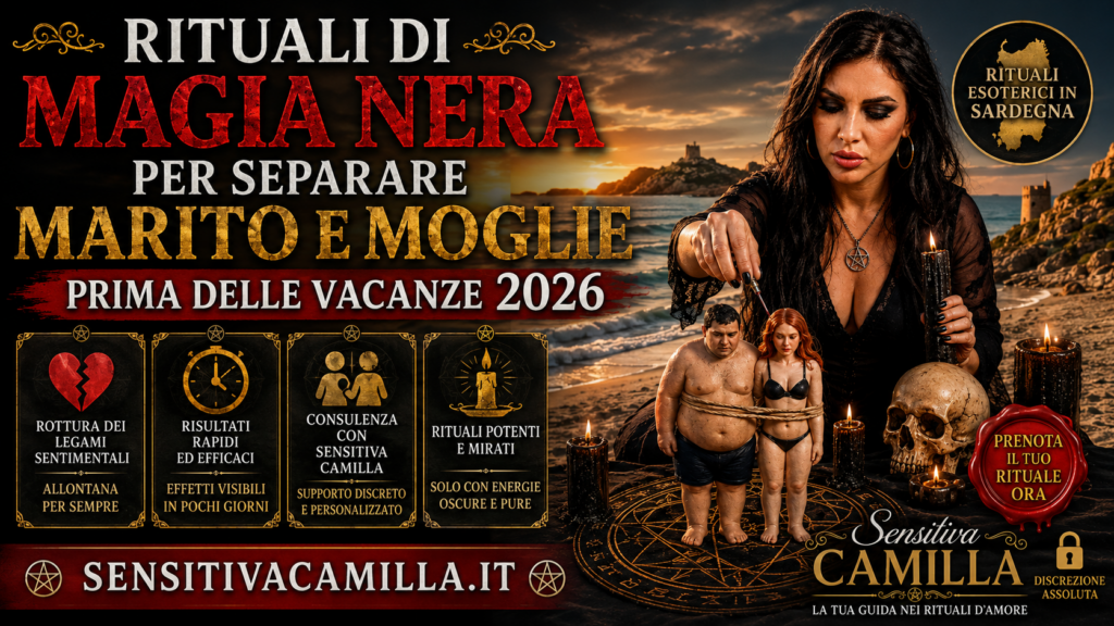 Sensitiva Camilla sulla spiaggia della Sardegna mentre esegue un rituale esoterico simbolico di separazione sentimentale tra marito e moglie prima delle vacanze estive 2026.