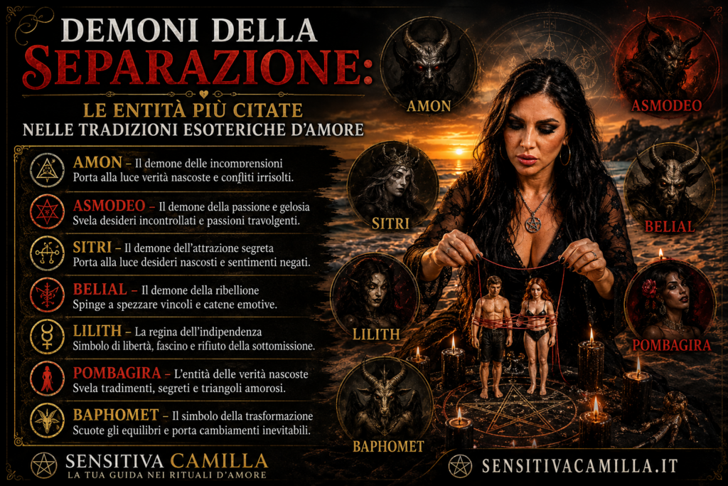 Infografica sui demoni della separazione con Sensitiva Camilla, rituale esoterico e elenco di Amon, Asmodeo, Sitri, Belial, Lilith, Pombagira e Baphomet.