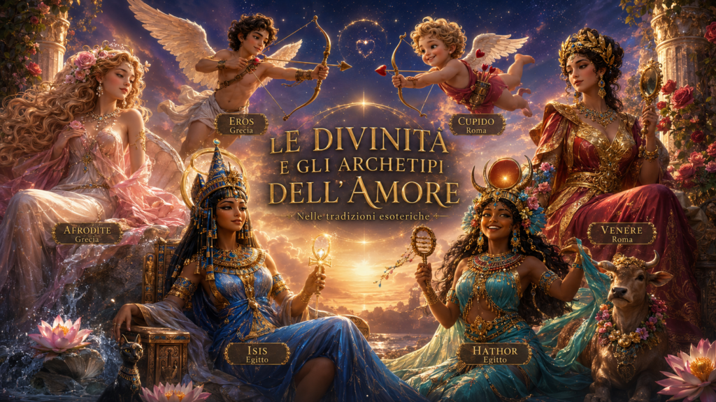 Illustrazione delle divinità dell’amore Afrodite, Venere, Eros, Cupido, Iside e Hathor in un giardino mitologico al tramonto, simboli di amore e tradizioni esoteriche