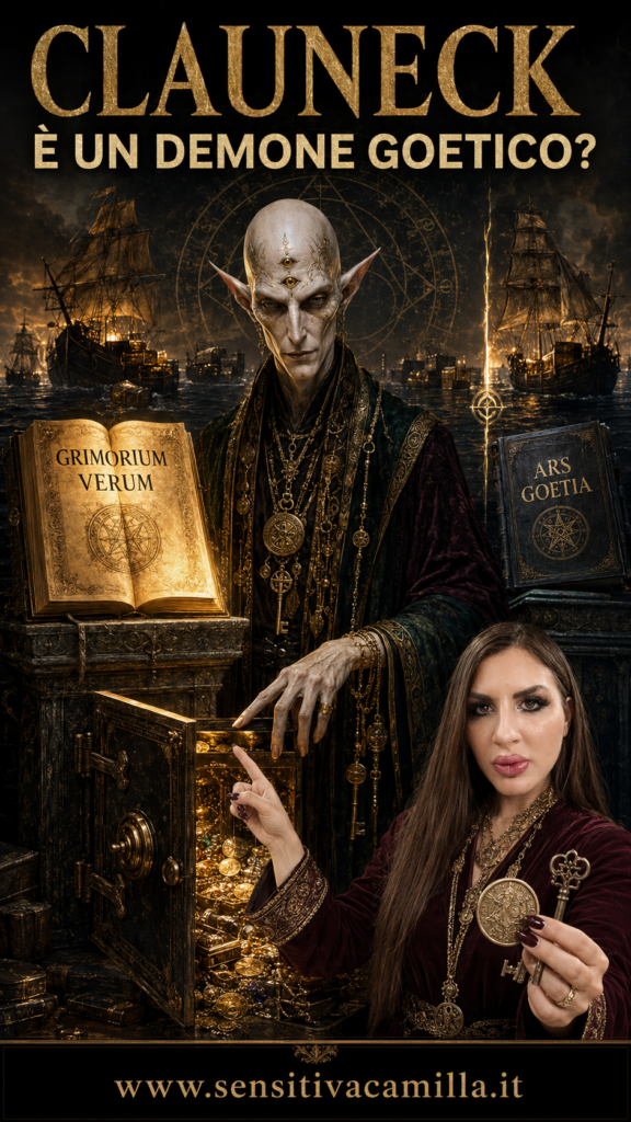 Clauneck, figura demoniaca pallida con tre occhi dorati, appare davanti a un forziere pieno di monete e tesori. Ai lati sono visibili il *Grimorium Verum* e l’*Ars Goetia*, mentre sullo sfondo alcune navi trasportano ricchezze da lontano. In primo piano, la Sensitiva Camilla mostra una moneta e una chiave. Testo: “Clauneck è un demone goetico?” e “[www.sensitivacamilla.it”](https://www.sensitivacamilla.it”).
